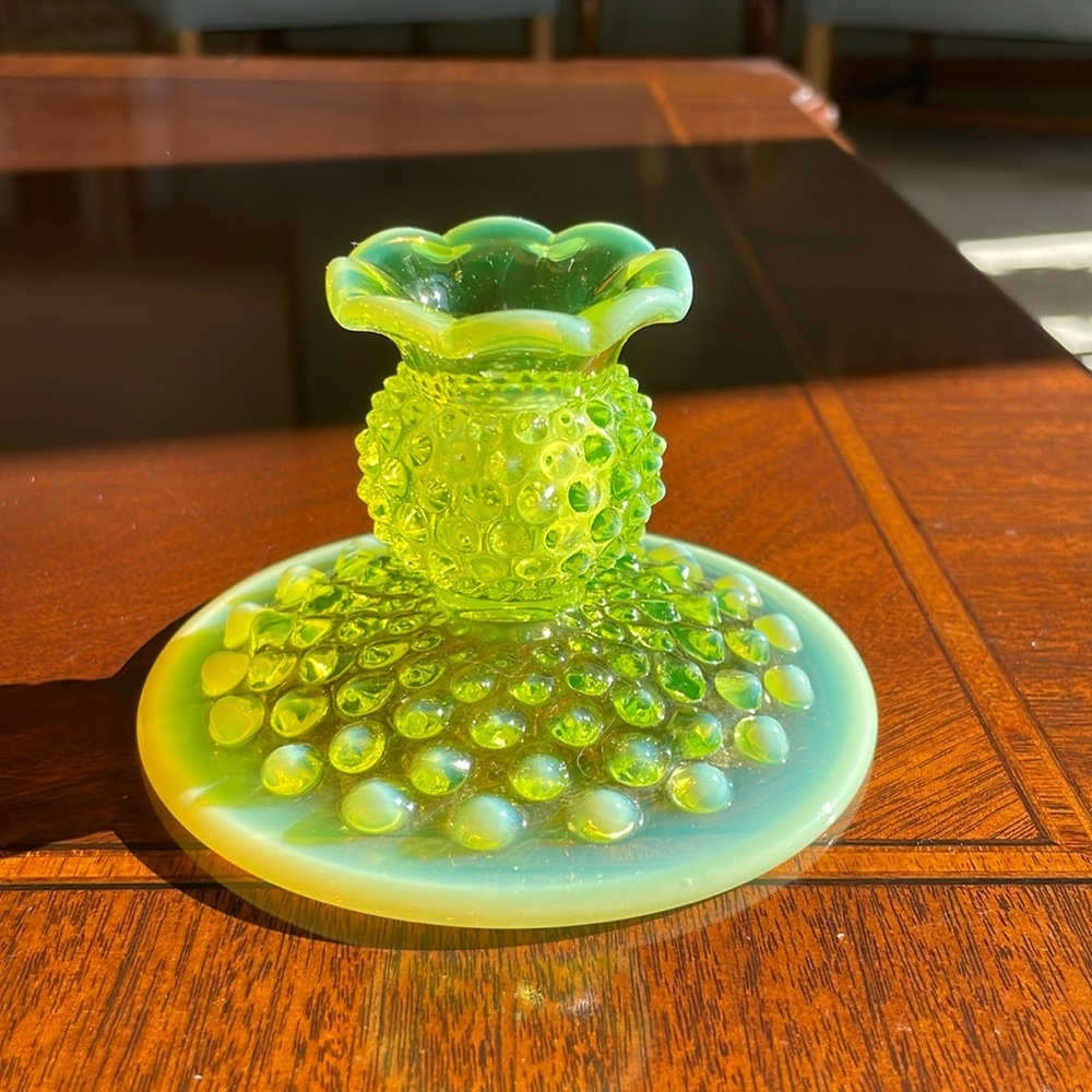 Fenton topaz Opalescent hobnail candlestick.